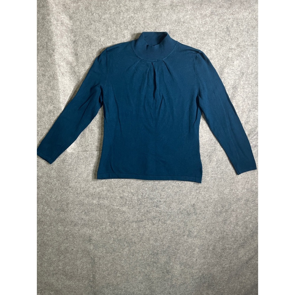 Investments Petites Teal Blue Mock Neck Pleated Knit Sweater PM Long Sleeve